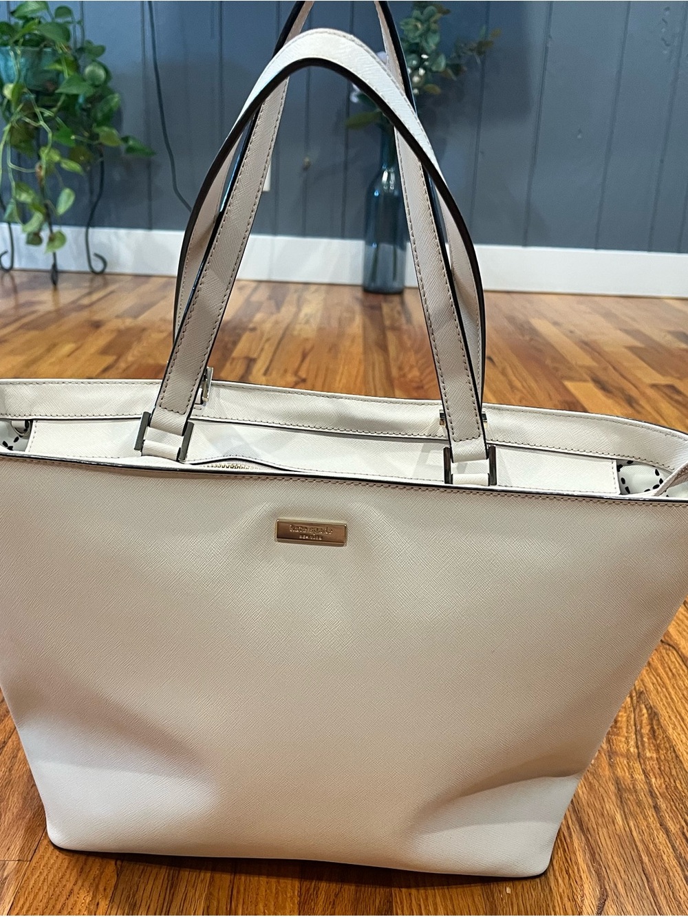 kate spade Cream Structured Saffiano Tote with Gold Plaque - Picture 11 of 13
